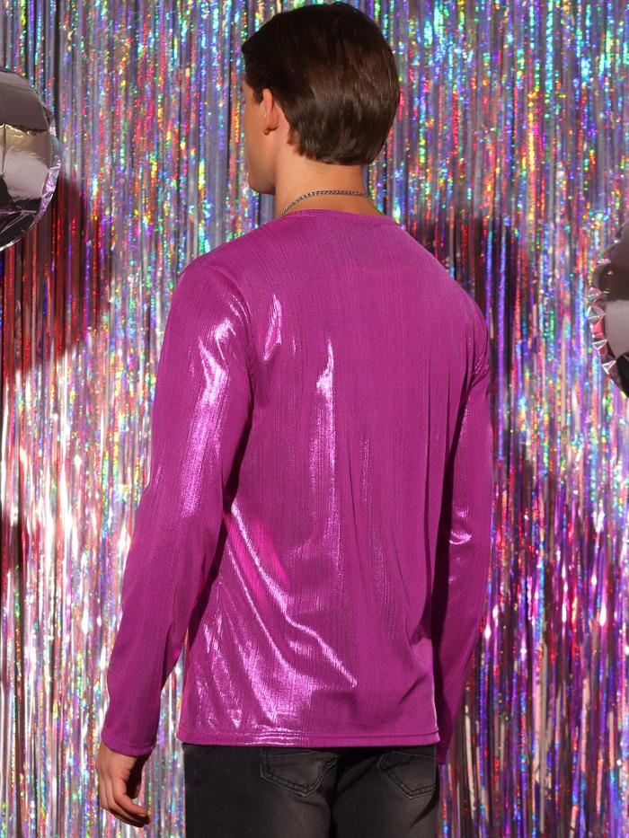 Lars Amadeus メンズ メタリック シャツ 長袖 シャイニー Tシャツ トップス クラブ ディスコ Tシャツ ローズレッド S