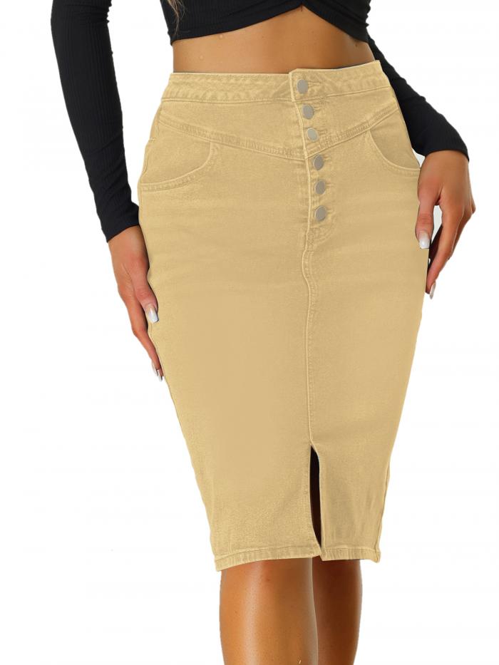 Allegra K デニムスカート カジュアル ジーンズスカート ハイウエスト スリット ストレッチ Aライン レディース ライトカーキ L
