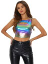 Allegra K タンクトップ クロップトップ 光沢 メタリック ノースリーブ カットアウト パーティー レディース ホログラフィックパープル S