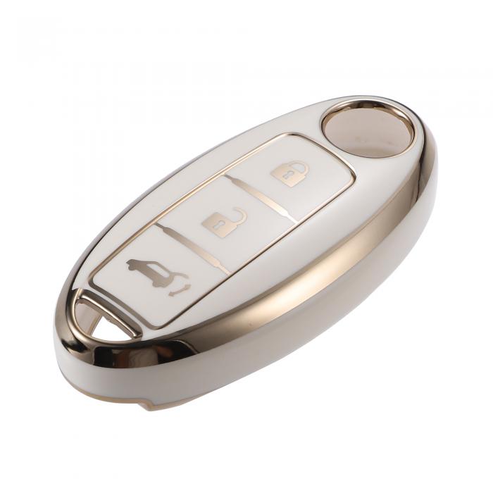 VekAuto キーフォブカバーケース 3ボタン Nis sanに対応 Altima R ogueに対応 フ レキシブルTPU ゴ ールドトーンエッジ ホワイト スマートキーレスエントリーキーフォブプロテクター