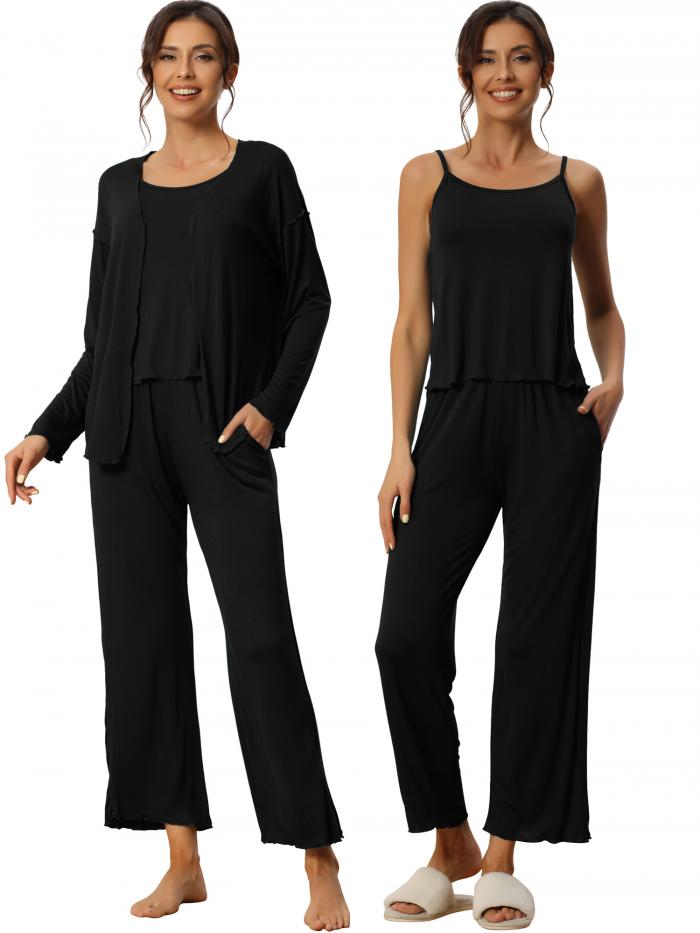 cheibear パジャマ 3 点セット 部屋着 柔らかい 無地 長袖 トップス 肌に優しい キャミ パンツ パジャマセット レディース ブラック XL