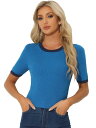 Allegra K Tシャツ 半袖 トップス 無地 パイピング セーター ニット レディース ブルー L
