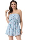 Allegra K スモックウエスト オフショルダー ロンパース 花柄 ショートジャンプスーツ ノースリーブ ショートパンツ フリル レディース ライトブルー ...