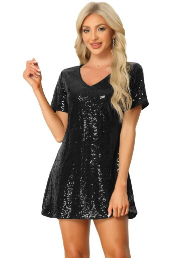 Allegra K ミニドレス スパンコール Vネック 半袖 クラブウェア パーティー レディース ブラック 2XL Allegra K ミニドレス スパンコール Vネック 半袖 クラブウェア パーティー レディース ブラック 2XL