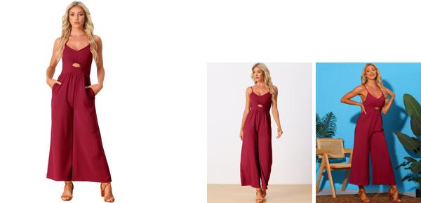 Allegra K レディース カジュアル ノースリーブ カットアウト スモック ルーズ ワイドレッグ ロンパース 夏 ジャンプスーツ ワインレッド XL