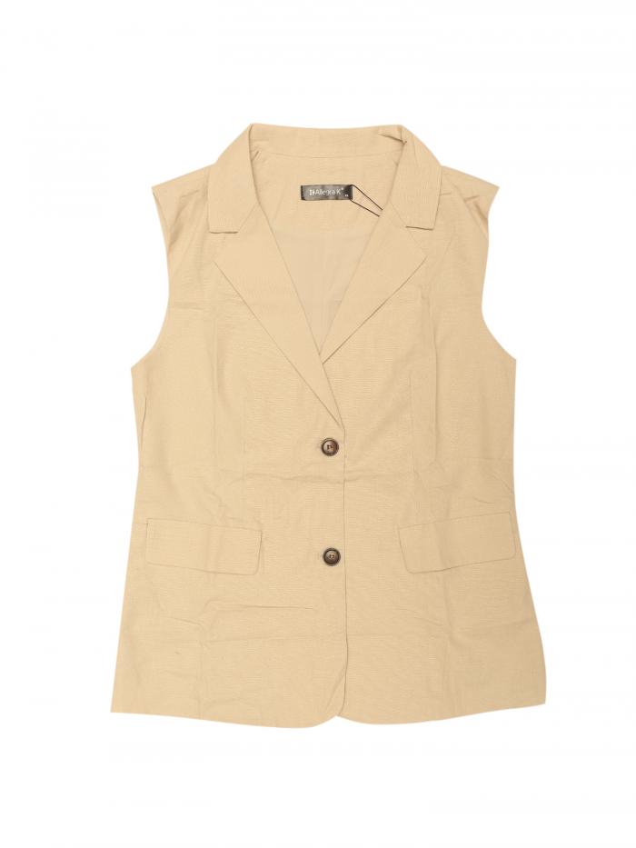 Allegra K ベスト リネン Vネック 無地 ボタンダウン 通勤 ノースリーブ ジャケット レディース ベージュ XS(4)