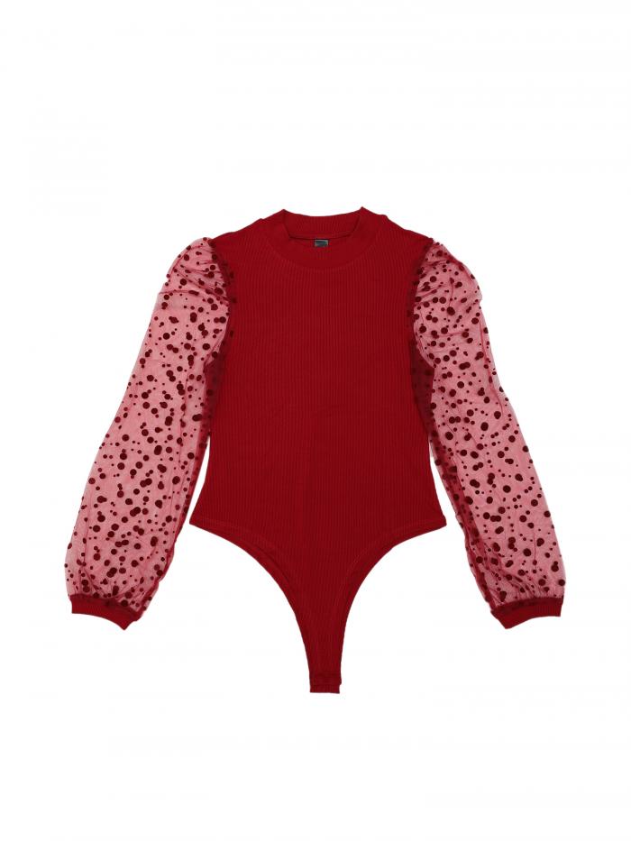 Seta T Women's Bodysuit Mock Neck Polka Dot Mesh Sheer Long Sleeve Slim Fit Ribbed Bodysuits Dark Red M