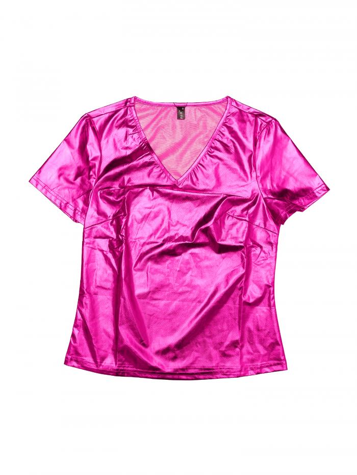 Allegra K ブラウス シャイニー トップ クラブウェア Vネック パーティー メタリック Tシャツ レディース ホットピンク XS