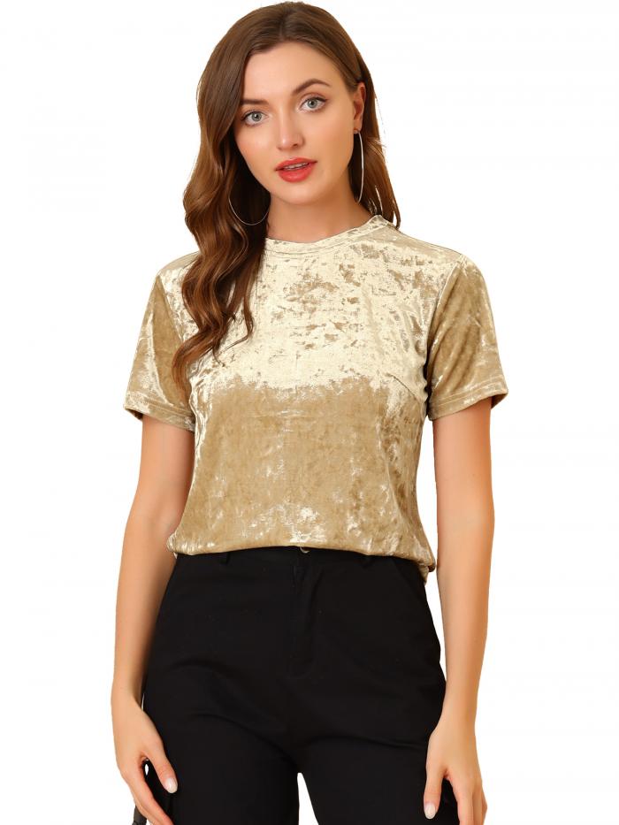 Allegra K ベルベットtシャツ トップス クルーネック 半袖 カジュアル レディース ライトベージュ 3XL