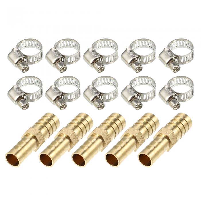 uxcell 銅ホース継手コネクタ ホースバーブ 有刺鉄線管 パイプ継手 クランプ付き 10-12 mm 5セット