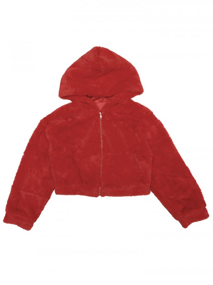 Allegra K フリースジャケット フェイクファーコート クロップド ファジー ジップアップ フード付き 冬服 レディース レッド M