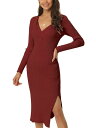 Seta T 女性の秋冬長袖恋人ネックスリムフィットニットサイドスリットツイストフロントミディセータードレス ワインレッド S(4)