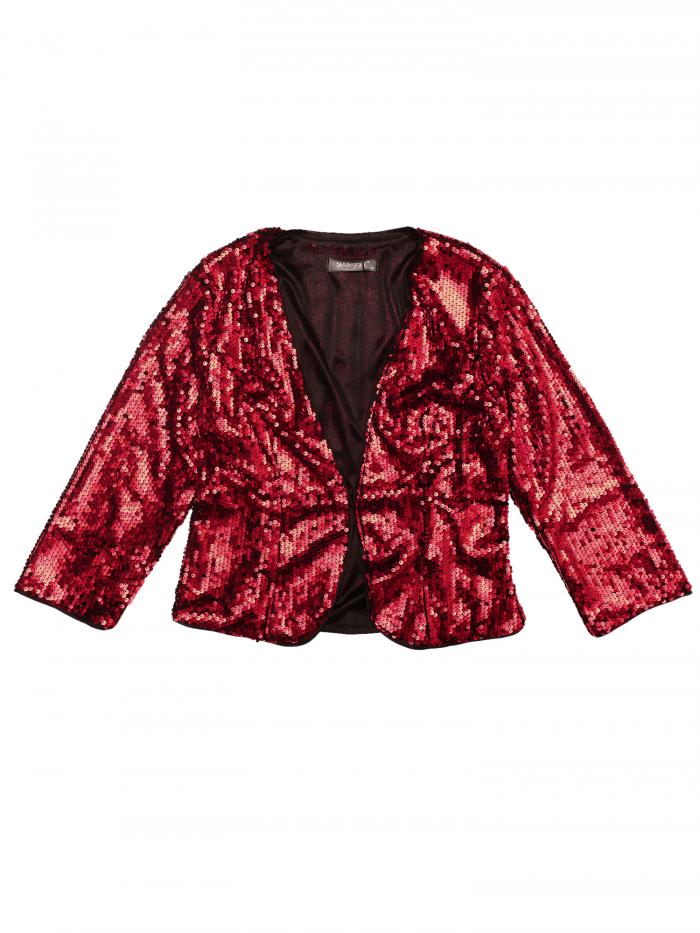 Allegra K ブレザー ジャケット ショート スパンコール シュラグ 七分袖 オープンフロント パーティー クリスマス ハロウィン衣装 レディース ブラックレッド XS