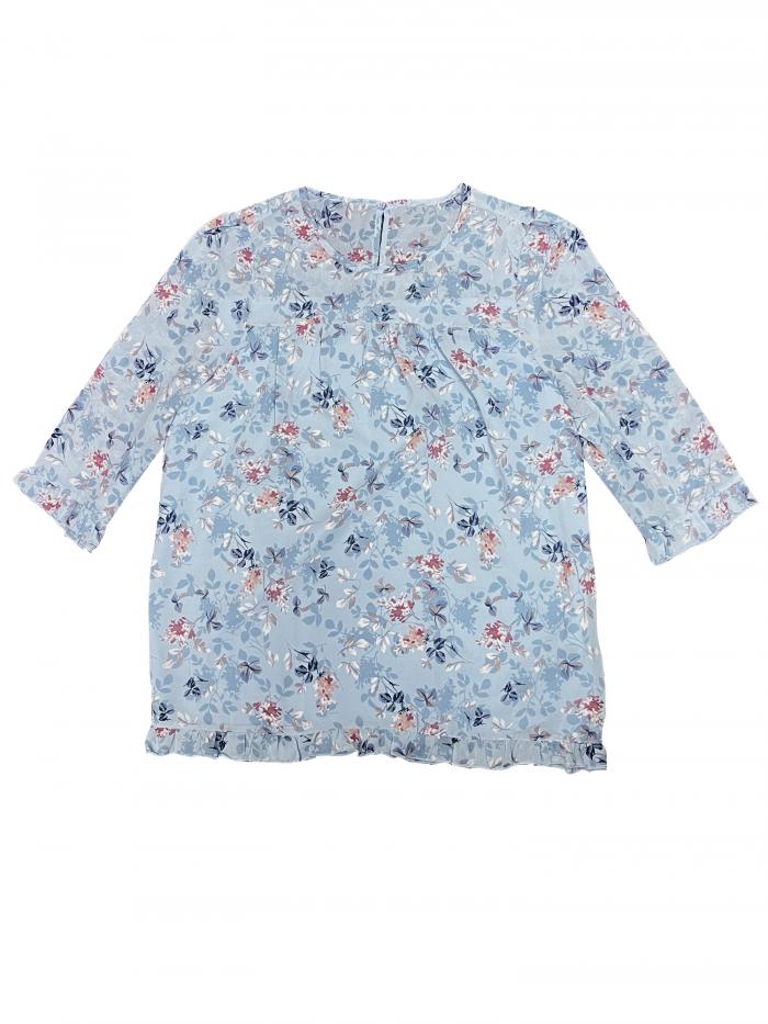 Allegra K 花柄 シフォンブラウス トップス フリル 七分袖 薄手 カジュアル レディース ブルーホワイト XL