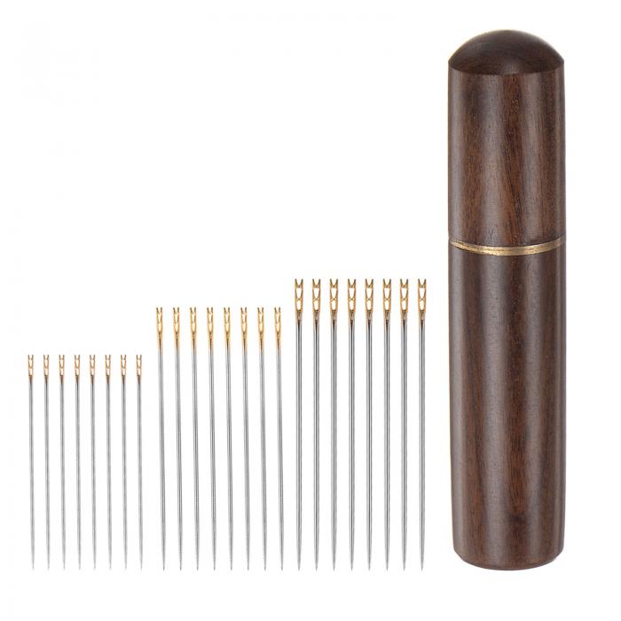 uxcell 24個セルフスレッディングニードル 簡単に糸を通す手作り縫い針 刺繍針 皮革針 木製ニードルケ..