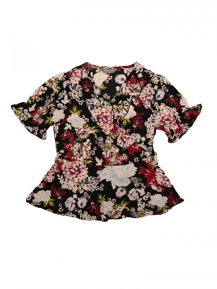 Allegra K 花柄 ペプラムブラウス カシュクール トップス Vネック フリル 半袖 レディース ブラック 花柄 XL(4)