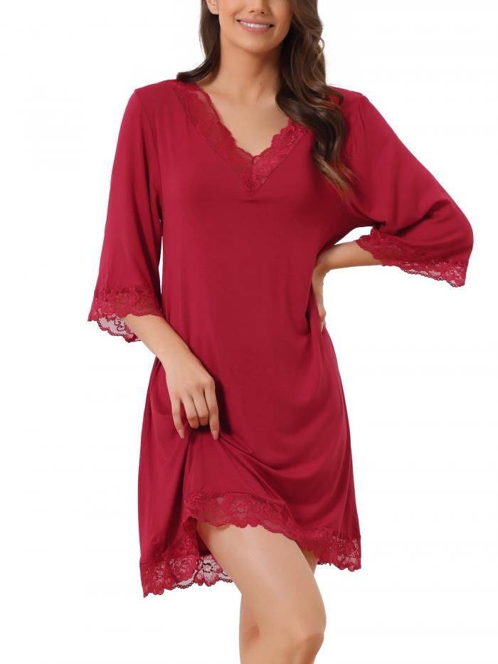 cheibear レディースレースナイトシャツコ ットンソフト半袖スリープシャツ部屋着パジャマナイトガウン ワインレッド S
