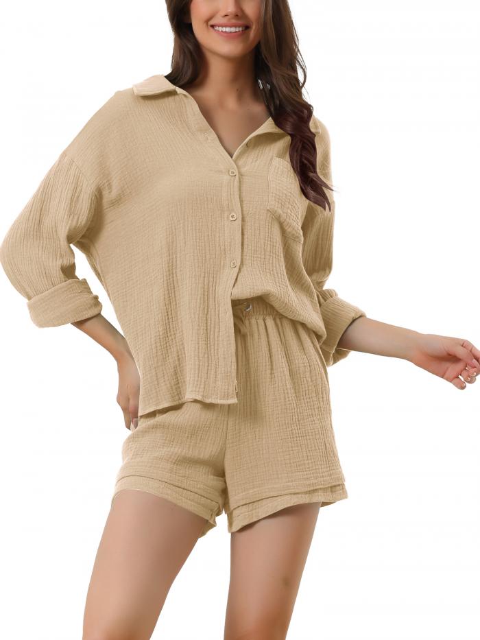 cheibear Womens Sleepwear Button Down Long Sleeve Shirt with Shorts Casual Lounge Sets カーキ XS