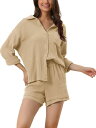 cheibear Womens Sleepwear Button Down Long Sleeve Shirt with Shorts Casual Lounge Sets J[L XS