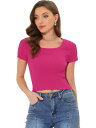 Allegra K クロップ Tシャツ 無地 トップス リブニット 半袖 スリム クルーネック ベーシック ニット プルオーバー レディース ローズレッド M
