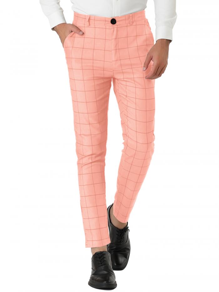 Lars Amadeus メンズドレスチェック柄スリムフィットフラットフロントビジネスパンツポケット付き ピンク 38
