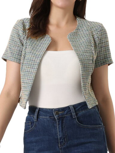 Allegra K 女性用ツイードカーディガン前開き半袖クロップアウトウェア ベージュ XL Allegra K 女性用ツイードカーディガン前開き半袖クロップアウトウェア ベージュ XL