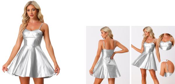 Allegra K Aラインドレス PUワンピース スパゲッティ ストラップ レディース シルバー XL