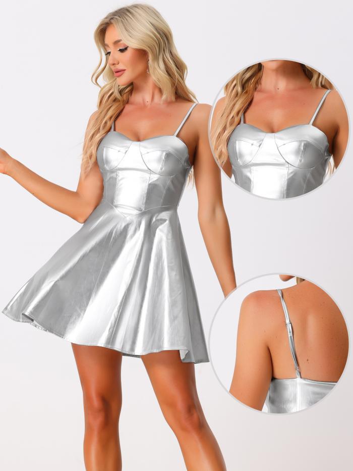 Allegra K Aラインドレス PUワンピース スパゲッティ ストラップ レディース シルバー XL