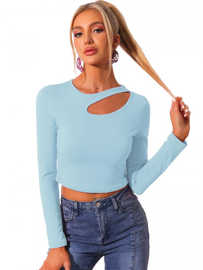 Allegra K クロップ Tシャツ トップス 長袖ブラウス カットアウト スリムフィット ベーシック カジュアル レディース ライトブルー L