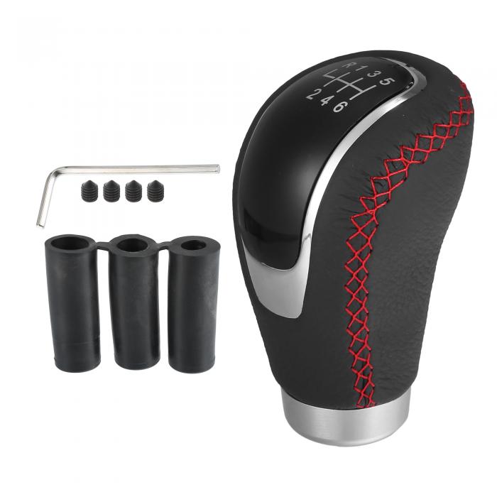 uxcell 車のギアシフトノブ 6スピード ブラックフェイクレザー レッド糸付き 付属品付き ブラック レッ..