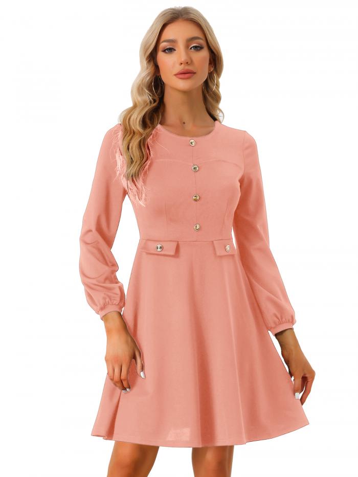 Allegra K カジュアルワンピース オフィスドレス コントラスト ボタン装飾 長袖 クルーネック エレガンス レディース ピンク XL