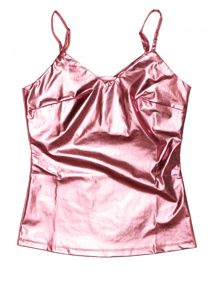 Allegra K メタリック キャミソール 光沢 ストラップ Vネック ダンス パーティー レディース ピンク L