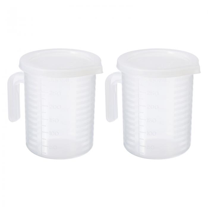 PATIKIL 目盛付きビーカー 2個 250ml PP プラスチック 液体計量カップ 両面目盛り ハンドル蓋と注ぎ口付き ラボ キッチン 家庭用