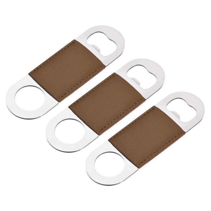 uxcell ボトルオープナー 3個セット 120mm x 37mm x 2mm レザーハンドル付きステンレス製ビールボトルオープナー バーテンダーフラットビールオープナー バー キッチン レストラン用（ブラウン）