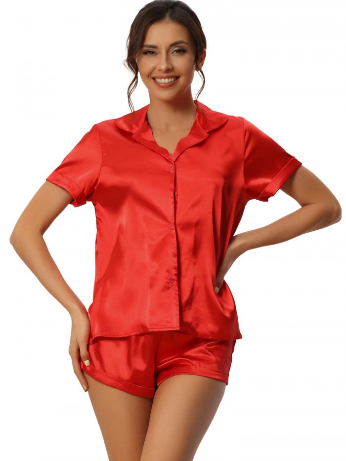 cheibear 女性サテンパジャマセットボタン半袖シャツとショーツラウンジウェアパジャマ レッド M