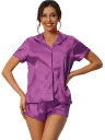 cheibear 女性サテンパジャマセットボタン半袖シャツとショーツラウンジウェアパジャマ パープル XS