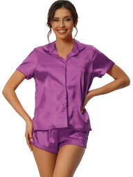 cheibear 女性サテンパジャマセットボタン半袖シャツとショーツラウンジウェアパジャマ パープル M