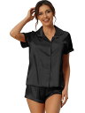 cheibear 女性サテンパジャマセットボタン半袖シャツとショーツラウンジウェアパジャマ ブラック M