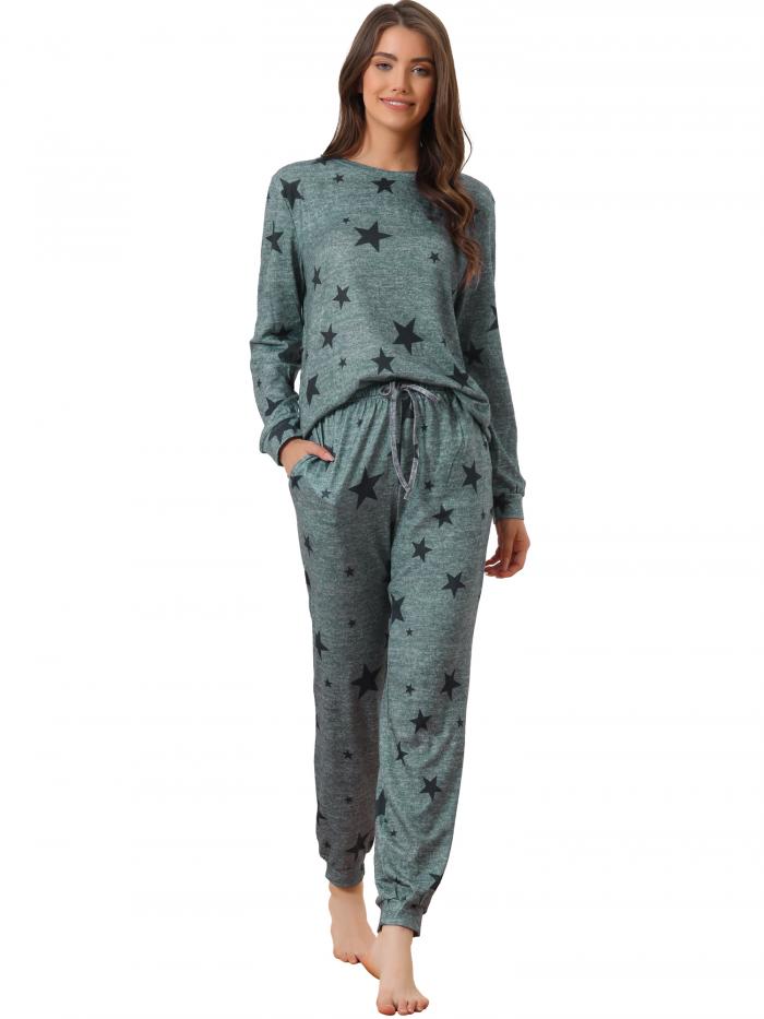 cheibear レディース長袖パジャマセットスタープリントスウェットシャツ2ピースパジャマ グレー XS