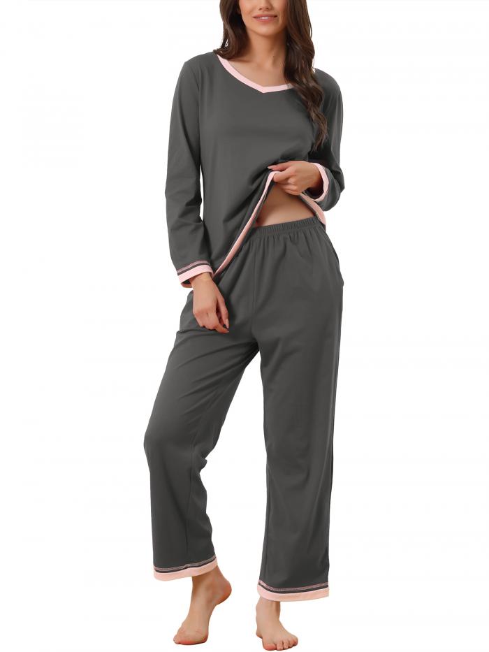 cheibear レディース長袖パジャマセットシャツと長ズボンポケット付きラウンジウェア 2点セット グレー XL