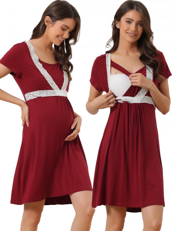 cheibear レディースレース半袖ソフトナイトガウンマタニティ膝丈睡眠ナイトシャツ ワインレッド XL