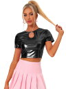 Allegra K 半袖Tシャツ メタリック クロップ カットソー トップス キーホール パーティー シャイニー セクシー レディース ブラック S|詳細画像