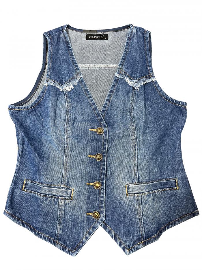 Allegra K デニムベスト ジーンズジャケット ノースリーブ ノーカラー ウォッシュ加工 ダメージ加工 レディース ダークブルー M
