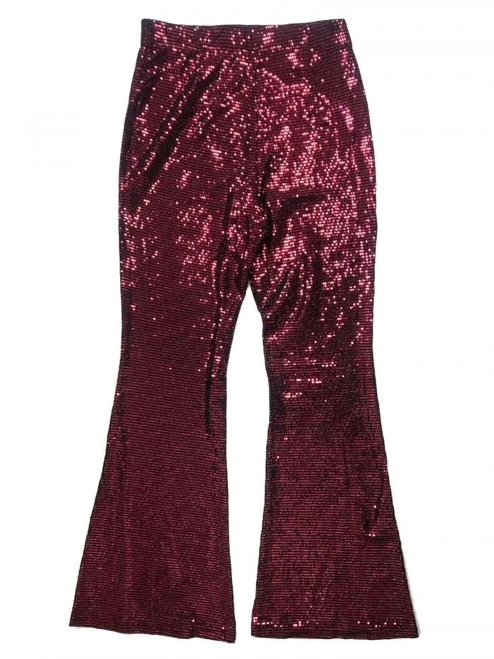 Allegra K ロングパンツ ボトムス 水玉 スパンコールパンツ ベル ストレッチ シャイニー フレア レディース レッドブラック XL