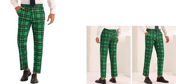 Lars Amadeus チェック柄ドレスパンツ スリムフィット ストレートレッグ フォーマル タータンチェック 学校 メンズ グリーン 34