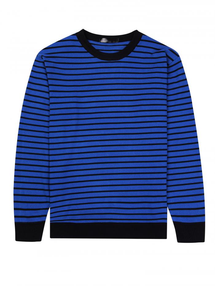 Lars Amadeus 長袖Tシャツ ラウンドネック カラーブロック ニット プルオーバー ストライプ セーター トップス メンズ ブルー M