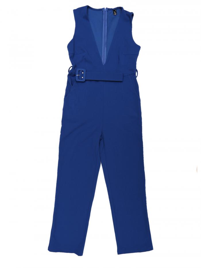 Allegra K サスペンダー ジャンプスーツ V ネック サイドポケット ノースリーブ レディース ロイヤルブルー S