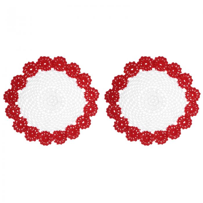 uxcell ファブリックコースター 綿織かぎ針編みドイリー レース刺繍カップクッション 花柄付き ウェディングパーティーの装飾用 レッド 2個入り 210 mm