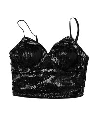 Allegra K キャミトップ クロップ タンクトップ 光る スパゲッティストラップスパンコール ダンス セクシー レディース ブラック M