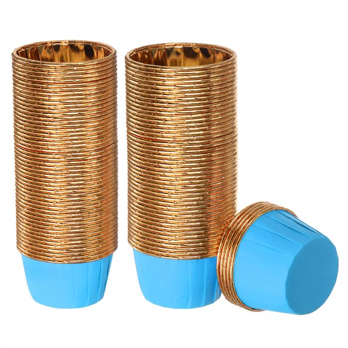 uxcell カップケーキカップ アルミホイル 標準 カップケーキライナー カップケーキベーキングカップ 誕生日パーティー 結婚式の装飾用 ブルー 黄金色 100個